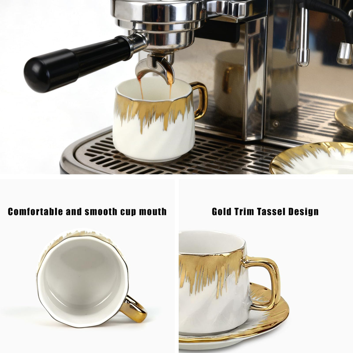 Hebaogugu Coffee Cup Set of 6 with Saucers, 3.5 OZ Ceramic Espresso Cups Set, Gold Trim Turkish Coffee Cup Gift for Cappuccino, Latte, Cafe Mocha and Tea, Dishwasher & Microwave Safe