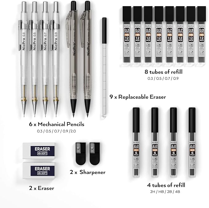 Nicpro 6PCS Art Mechanical Pencil Set, 4PCS Drafting Pencils 0.3 & 0.5 & 0.7 & 0.9 mm & 2PCS 2mm Lead Holder (4B 2B HB 2H) For Writing, Sketching Drawing With 12 Tube Lead Refills Erasers Case