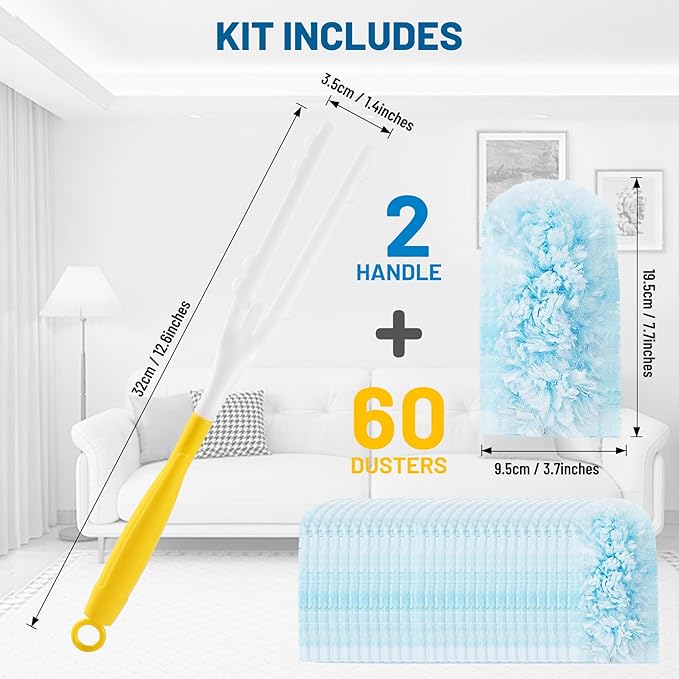 Duster Refill for Swiffer Duster Refill，360 Dusters Heavy Duty Refills, Multi Surface Disposable Duster Kit Unscented for Home, Office, Furniture (60 Count + 2 Handle)