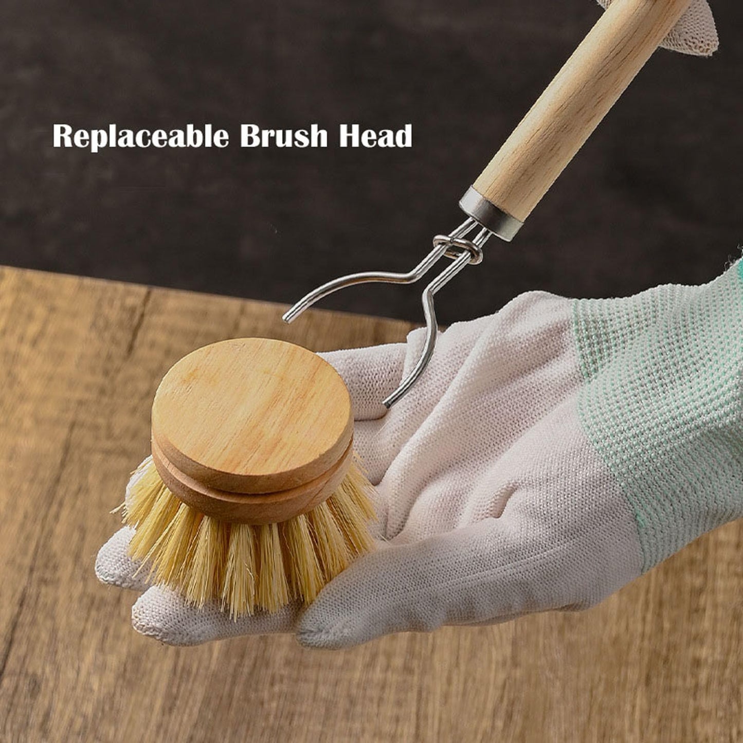 SUPRNN Bamboo Dish Brush with Handle, 1 Sturdy Wooden Handle with 3 Natural Bristle Heads, Horsehair, Sisal, Palm - All Purpose Kitchen Scrubber, Bamboo Wok Brush, Fruit and Veggie Scrubber