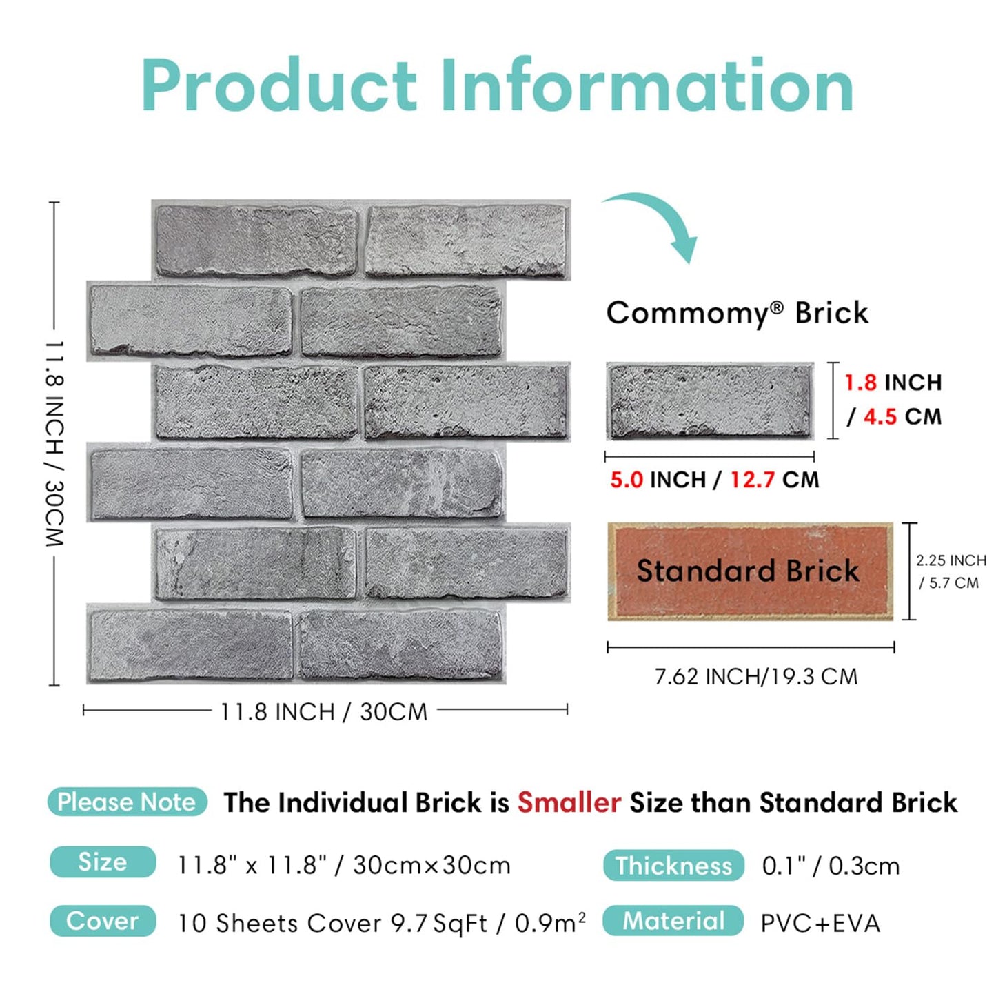 Commomy 3D Brick Peel and Stick -10 pcs 11.8"X11.8" Small Size Thin PVC Faux Brick Wall Panels Farmhouse 3D Wall Panels for Living Room,Bedroom,RV, Kitchen,Fireplace