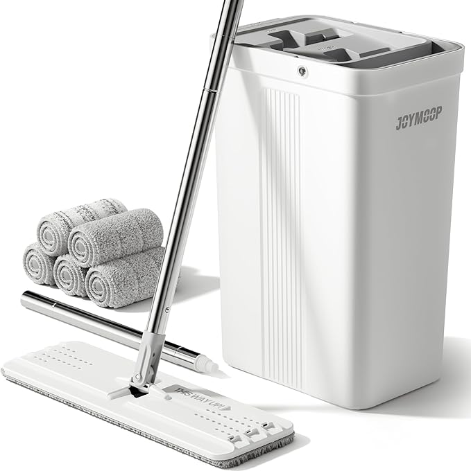 JOYMOOP Mop and Bucket with Wringer Set, White Flat Squeeze Mop Bucket Set for Floor Cleaning, Wet Dry Mops for Walls, Wall Cleaner with Long Handle, Hardwood Floor Mop-5 Microfiber Cloths