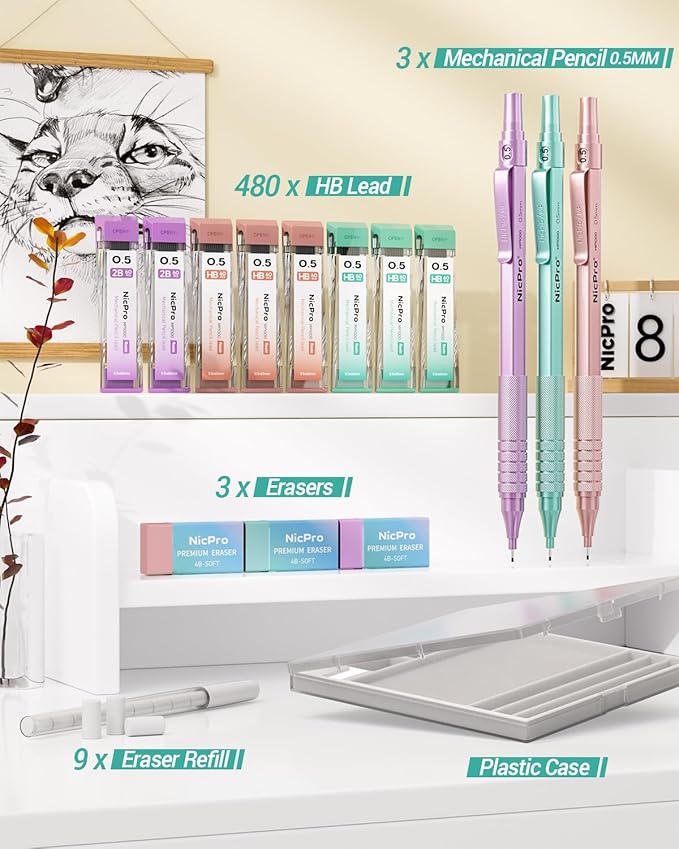 Nicpro 0.5 mm Metal Mechanical Pencil Set, 3PCS MP1000 Artist Lead Pencils With 480PCS HB 2B Lead Refills, Erasers, Aesthetic School Supplies for Girls & Women Teacher Writing Drawing Sketching