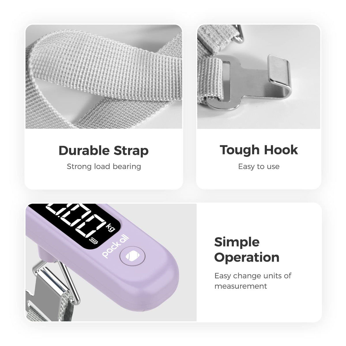 pack all 110 Lbs Luggage Scale, Digital Handheld Baggage Scale, Travel Suitcase Weight Scale with LCD Display, Battery Included, Purple