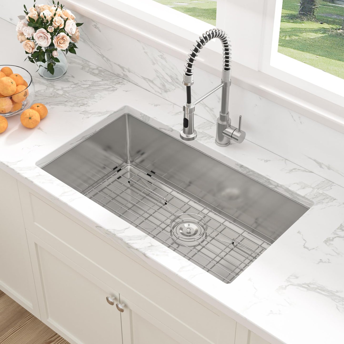 Sarlai 33 Inch Undermount Kitchen Sink - 33 x19 Kitchen Sink Undermount Single Bowl Stainless Steel 16 Gauge Under Counter Sink With Accessories Round Corners