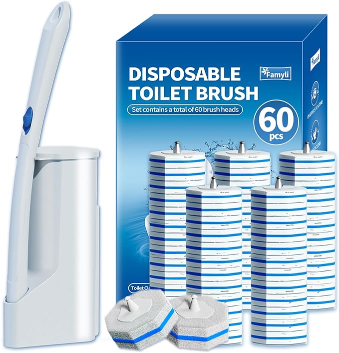 Disposable Toilet Brush Set with 60 Replacement Heads, Toilet Cleaning Replacement Pads, Starter Kit with Storage Case for Deep Cleaning and Hygienic Bathroom Maintenance