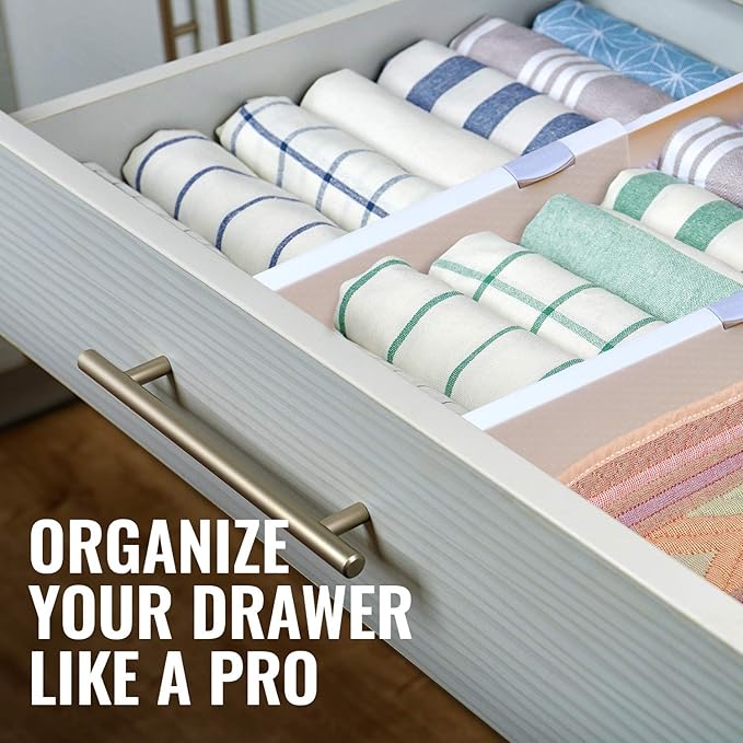 RAPTUROUS Adjustable Drawer Dividers, 4" Tall, Expandable 11-17", 5-Pack, Non-Slip for Dresser, Closet, Kitchen, Nursery, and Office (White)