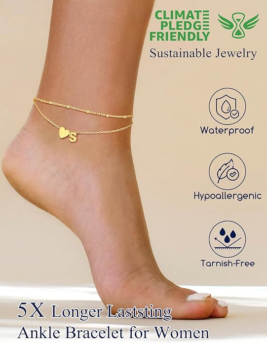 Suplight Stainless Steel Initial Ankle Bracelets for Women Layered Dainty Heart Anklet Beaded Anklets for Women Waterproof Plus Size Ankle Foot Chain Summer Essentials Jewelry(with Gift Box)