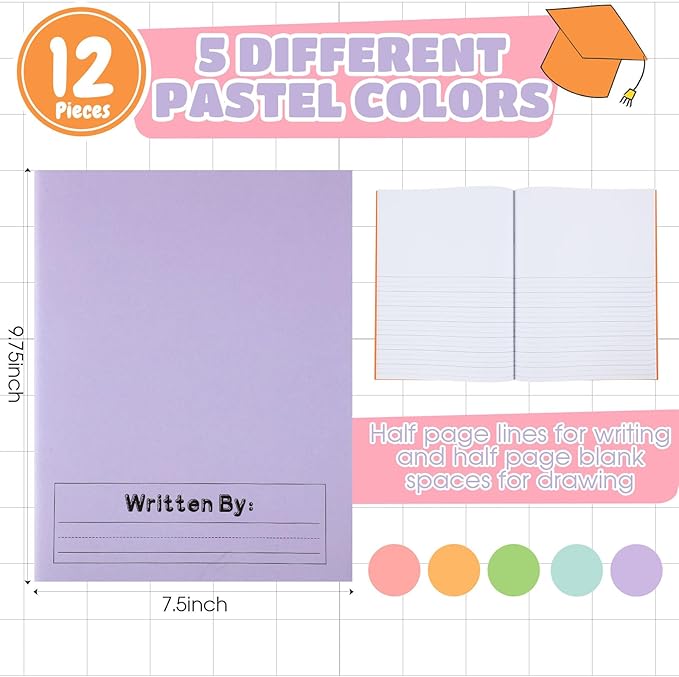 Henoyso 12 Pcs Primary Composition Notebook K-2 9 3/4 x 7 1/2 Inch Primary Journal, Back to School Supplies, Bulk Blank Writing Book for Kid to Write Draw Journal 60 Page Notebooks (Light Color)