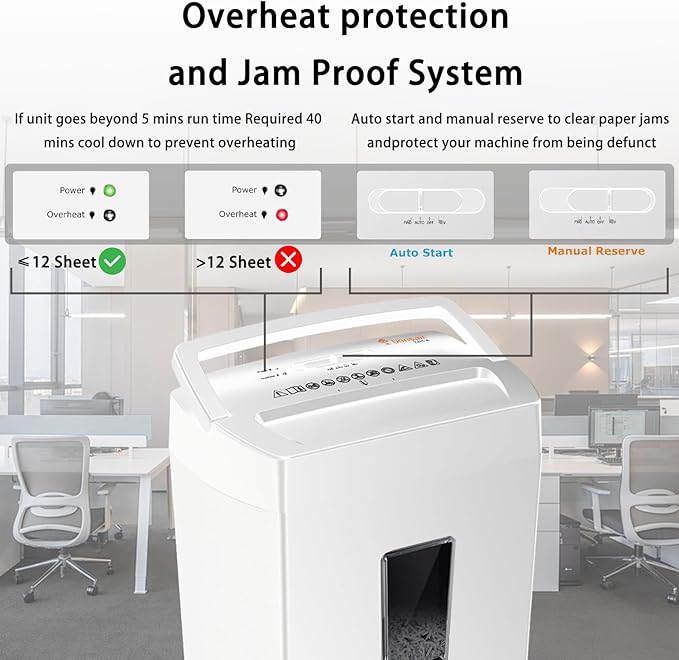 Bonsaii Heavy-Duty Cross-Cut Shredder, Handles up to 12 Sheets at Once, Providing P-4 high Security, Credit Cards, Mail & taples, 5.5-Gallon bin with a Transparent Window, Use in Home Offices, White