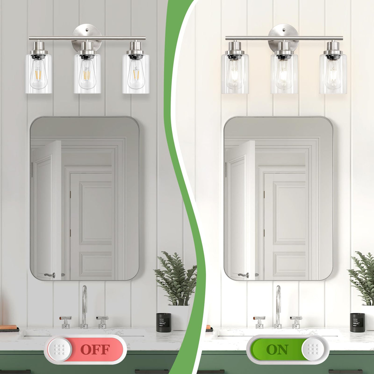 Guliaofo 3-Light Brushed Nickel Vanity Lights, E26 Modern Bathroom Light Fixtures with Clear Glass Shade, Wall Lamps for Mirror Kitchen Hallway Cabinet Living Room Sconces Lights