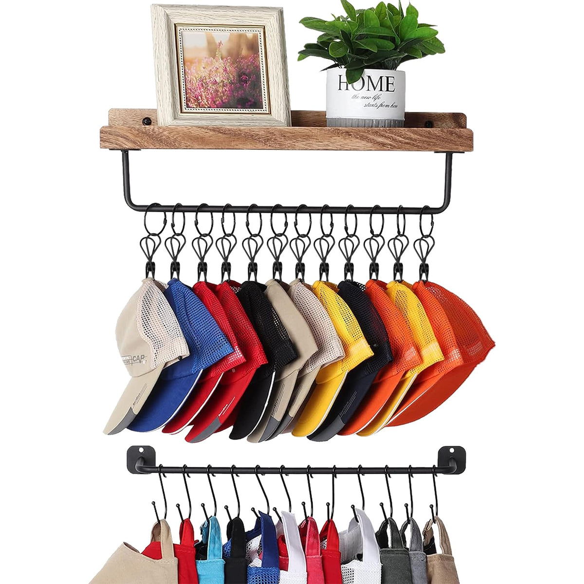 HYDERMUS Hat Organizer for Baseball Caps Wall Mount with Shelf Hat Hanger Metal Hat Holder Rack for Closet Wall Storage Organization Display Carbonized Black