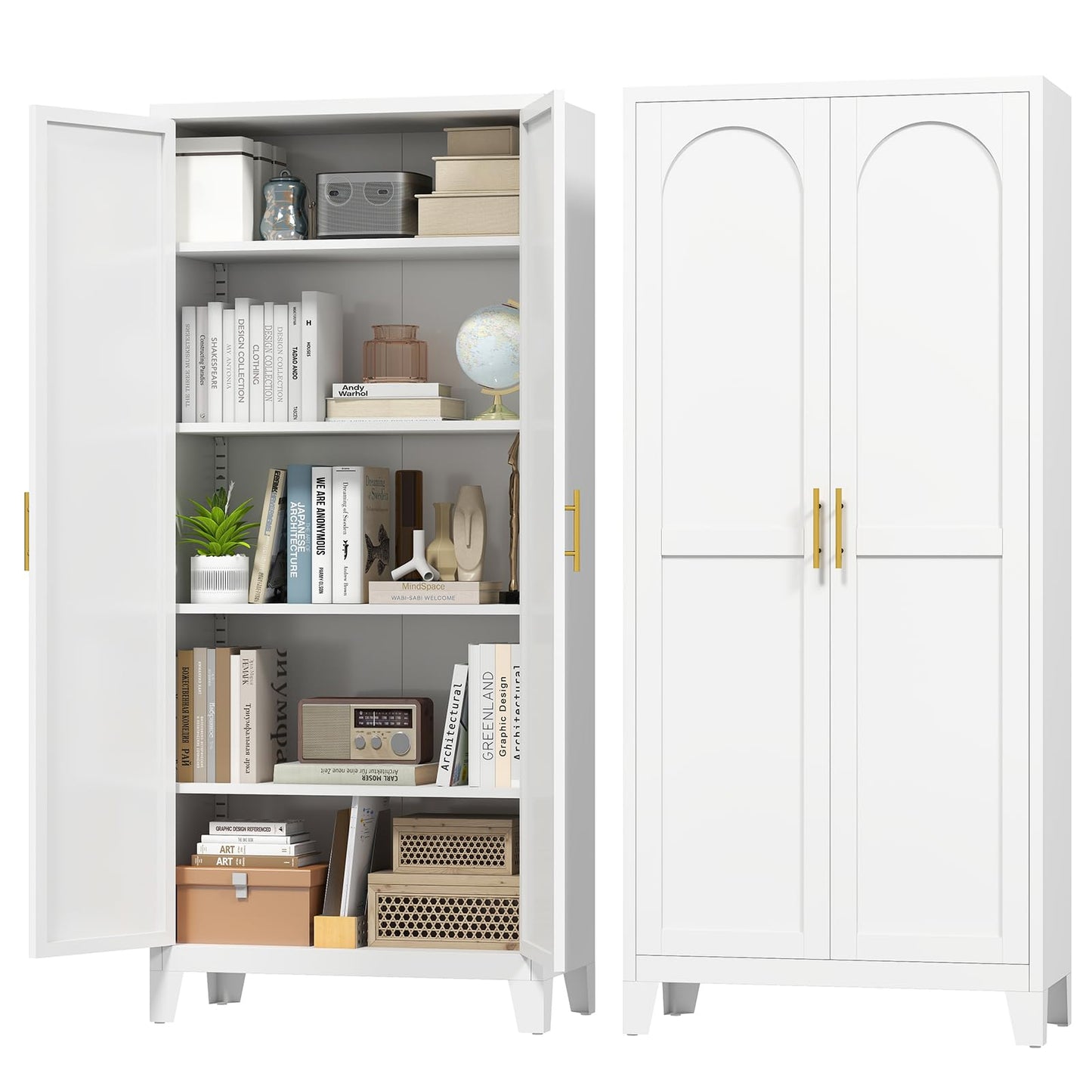 Zevemomo 71" Metal Pantry Cabinet with 4 Adjustable Shelves and 2 Doors, Freestanding Kitchen Storage Cabinet, Tall Steel Cupboard for Kitchen, Pantry, Dining Room, Living Room, Office, White