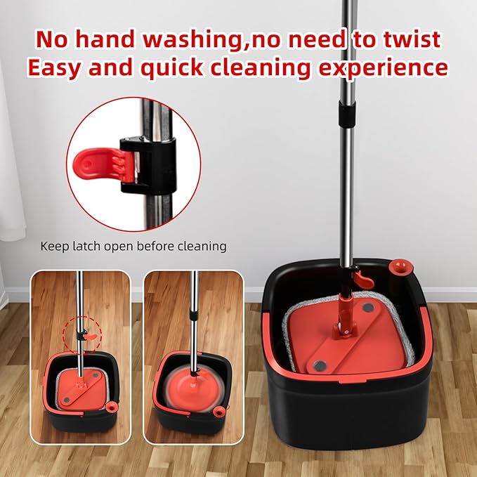 Spin Mop and Bucket Set with Separation Dirty and Clean Water System, Self Wringing 360° Rotating Clean Mop-Head and Bucket Set for Hardwood Tile Marble Floor with 2Pads-Black+Red