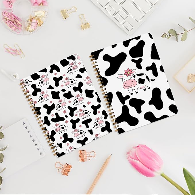2 Pcs Cow Spiral Notebooks for Work, A5(8.3x5.8inch) Composition Notebook College Ruled Note Book, Pink Flowers Hardcover Notepads Diary Lined Travel Journal for Writing, Cute Cow Gifts for Women