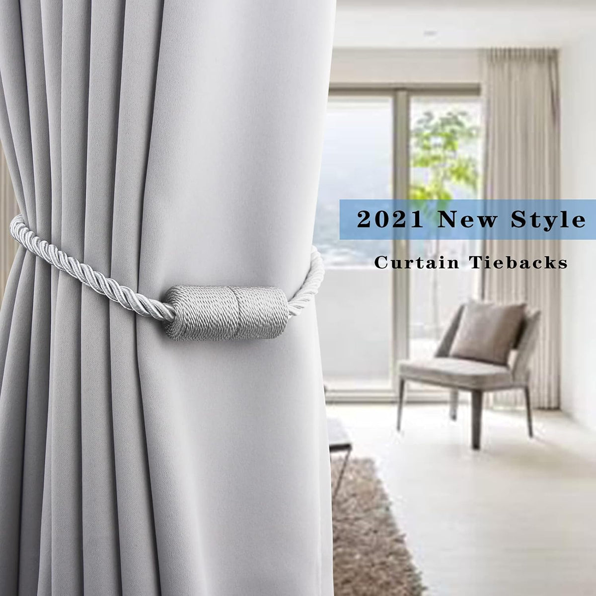 6 Pack Grey Strong Magnetic Curtain Tiebacks Outdoor Elegant Decorative Tie Backs Modern Rope Tiebacks for Drapes Window Curtain Holdbacks for Draperies