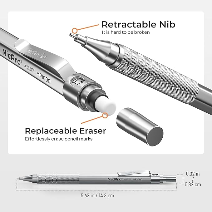 Nicpro 0.5 & 0.7 & 0.9 mm Metal Mechanical Pencil Set with Case, 6PCS MP1000 Artist Lead Pencil with 12 Tubes HB & 2B Lead Refills, 3 Erasers For Architect Art Writing Drafting Sketching Drawing