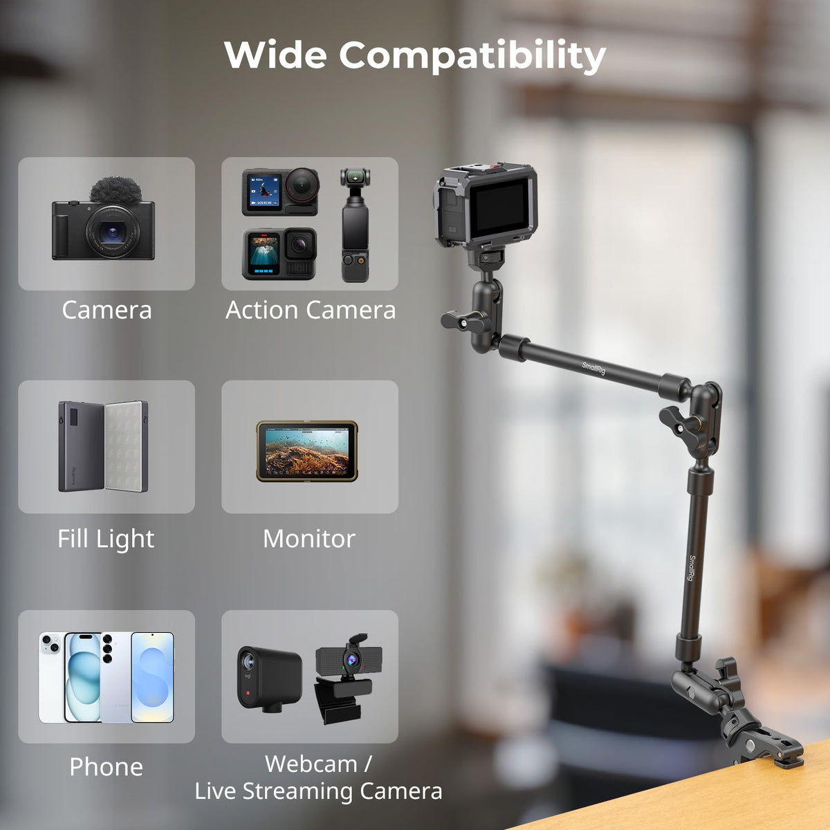 SMALLRIG 22" Magic Arm w Clamp, Overhead Phone Mount, Flexible Desk Camera Mount, Articulating Friction Boom Arm w Thread Adapter, for POV Shot, Light, Webcam, Mic, Action Camera, for Content Creators