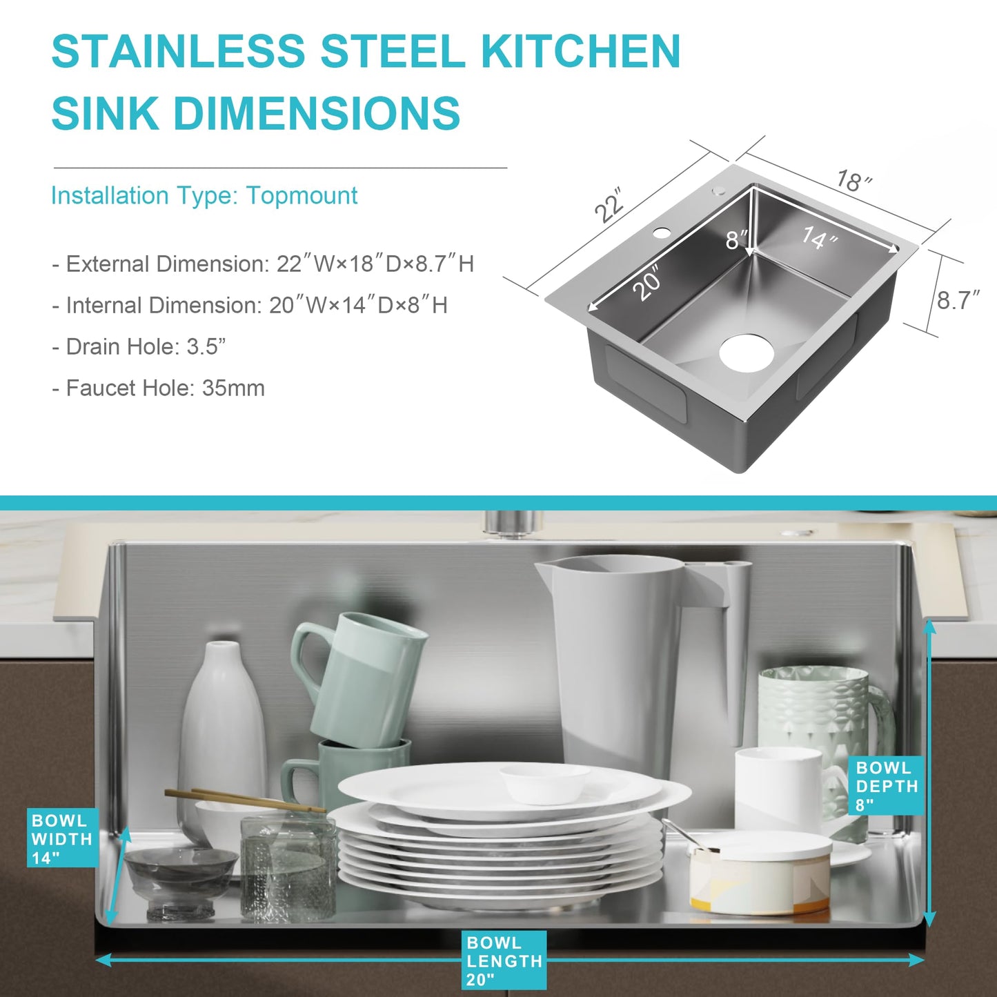 Bathenum 22" x 18" Drop in Kitchen Sink 304 Stainless Steel Single Bowl Topmount Kitchen Sink with Drain Kit and Bottom Grid, Brushed