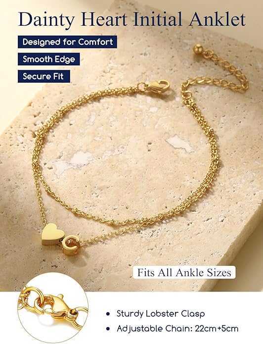 Suplight Stainless Steel Initial Ankle Bracelets for Women Layered Dainty Heart Anklet Beaded Anklets for Women Waterproof Plus Size Ankle Foot Chain Summer Essentials Jewelry(with Gift Box)