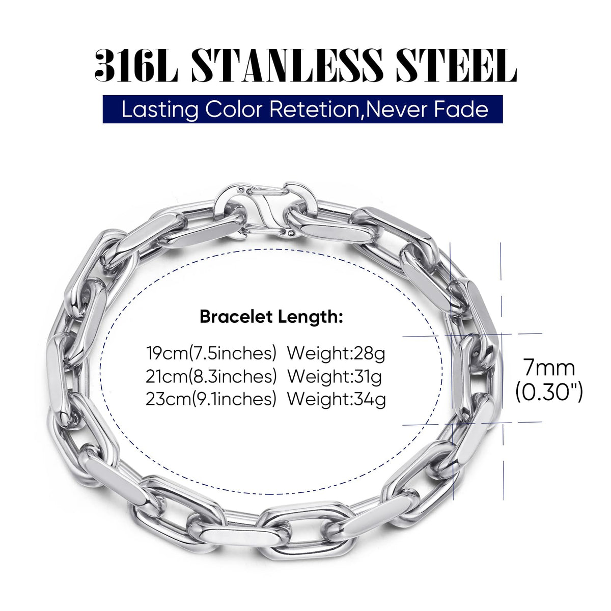 VNOX Link Chain Bracelets for Men - Cool Mens Bracelets Diamond-Cut Paperclip Solid Chain Bracelet Chunky Stainless Steel Jewelry Trendy Gifts (Silver, 7.5)