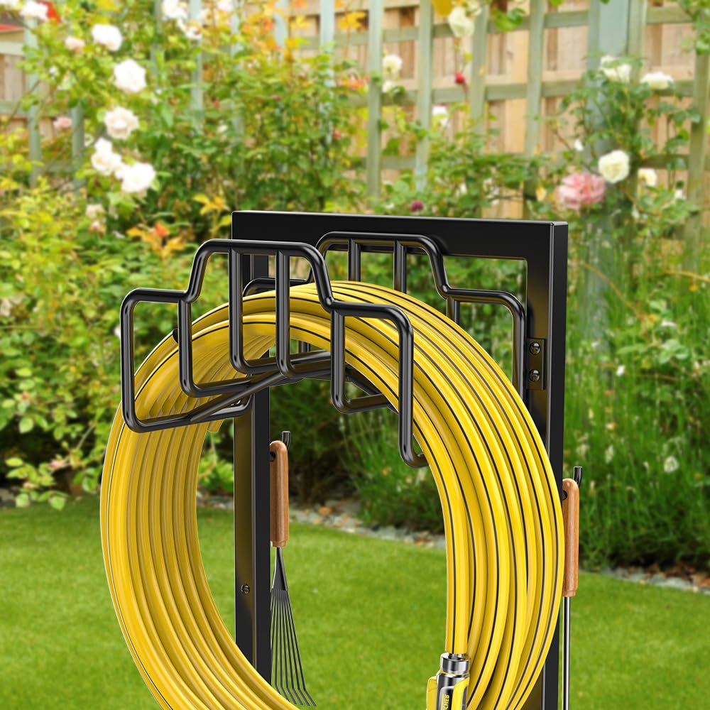 Skycarper Garden Hose Reel Holder Detachable Metal Water Hose Hanger Organizer Heavy Duty Free Standing Hose Stand,Black
