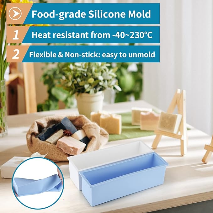 2 Pcs Loaf Soap Mold with Plastic Box, Flexible Silicone Rectangular Mold 42oz, Swirl Making Tool for DIY Soap, Handmade Candles, Resin Casting, Homemade Desserts (Blue)