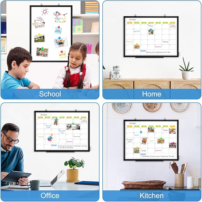 Dry Erase Calendar Whiteboard for Wall, WALGLASS 36" x 24" Magnetic White Board, Monthly Dry Erase Calendar with Silver Aluminum Frame, Double-Sided Hanging Portable Board for Office, Home, School