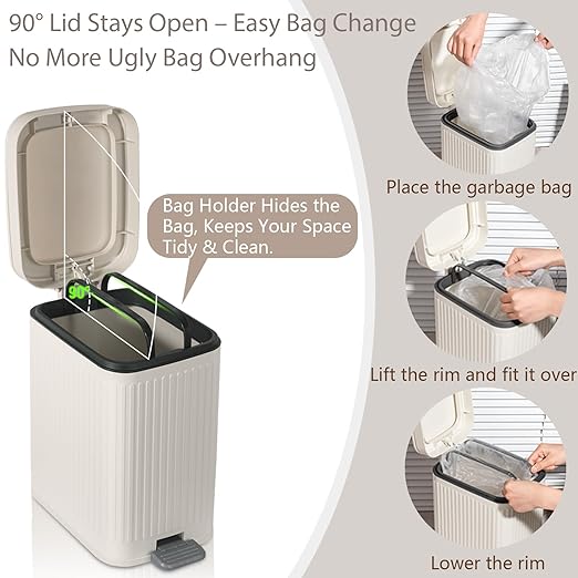 rejomiik Small Bathroom Trash Can with Lid 2.6 Gallon Step Trash Can Slim Garbage Can with Soft-Close Waste Bin for Bathroom, Bedroom, Office, Dorm, RV, Off-White