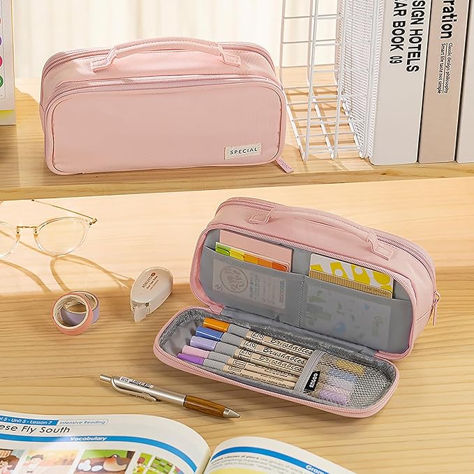 MAMUNU Pencil Case Large Capacity with 3 Compartments, Pencil Case Pouch Bag with Zipper Handle Portable Pen Stationery Organizer for Teen Girls Adults College School Office Travel, Pink