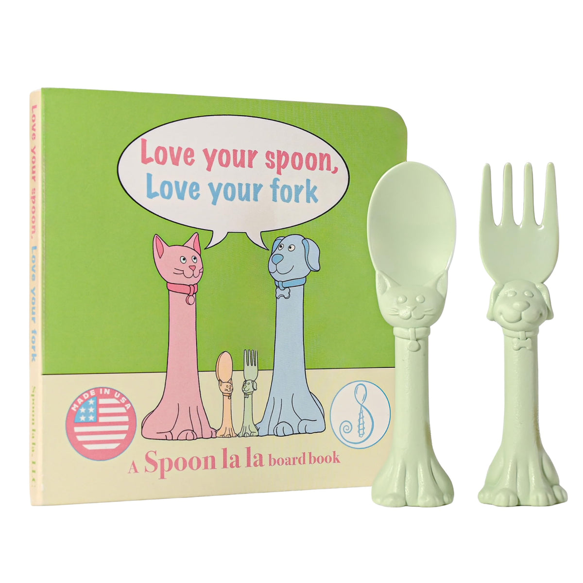 Made in USA Spoon la la Toddler Utensils Set (2 Pack) & Board Book - Spoon & Fork for Kids, Self-Standing 3D Ergonomic Cat & Dog Handles, BPA-free, Dishwasher Safe Baby Silverware (Mint Green)