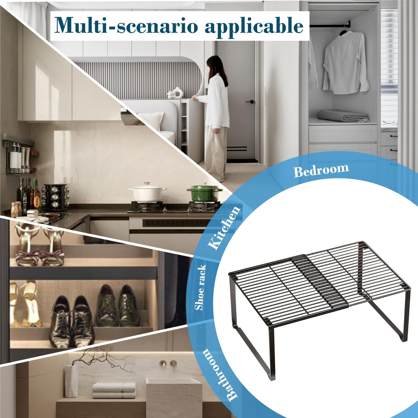 HGZBS Extendable Metal Wire Shelf Organizer - Adjustable 15-24.4in Length, Stackable Storage Rack for Kitchen/Pantry/Bathroom/Shoe Cabinet/Tool Closet (1,Black)