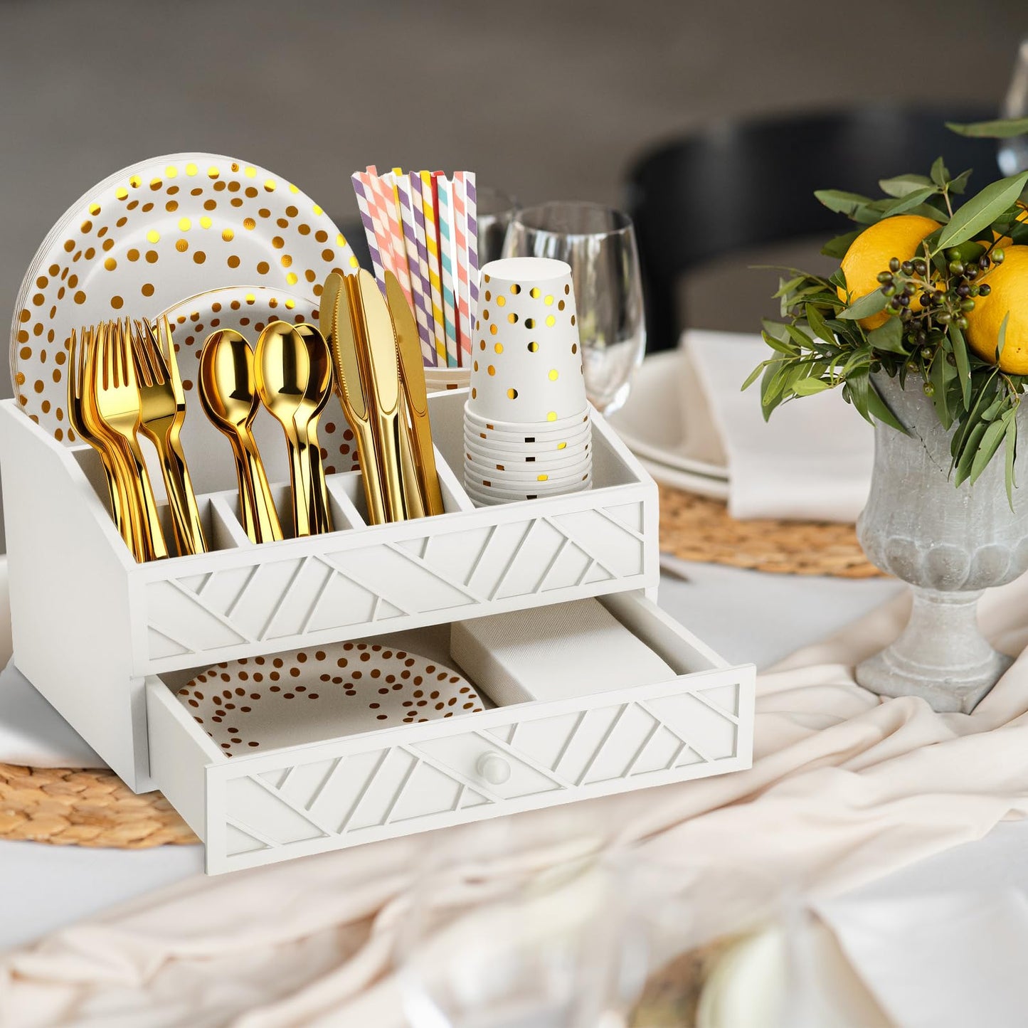 Marsui Paper Plate Dispenser, Wood Rustic Paper Plate Holder for Countertop with Drawer Silverware Utensil Caddy, Cutlery Flatware Organizer for Spoon Fork Napkins Kitchen Parties(White)