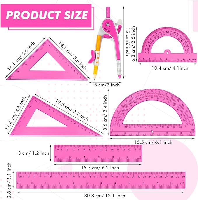Zonon 1 Set Plastic Geometry Math Set 7 Pcs Includes 6'' / 4 '' Protractor, Drawing Compass, 45/60 Degree Triangle Rulers, 12'' / 6'' Math Ruler Transparent for Office Supplies(Pink)
