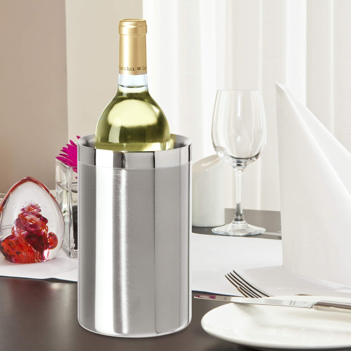 OGGI Stainless Steel Double Wall Wine Cooler - Insulated Tabletop Wine Chiller for White Wine & Champagne, Fits Most Standard Sized Bottles