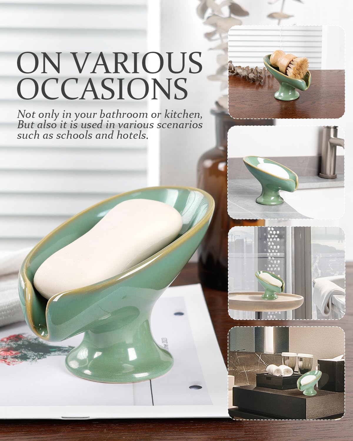 Soap Dish, Self Draining Bar Soap Holder for Bathroom Sink, Leaf Shaped Drainage Ceramic Mint Green Porcelain Decorative Soap Dish, No Suction Cup, ANTIS'S HOME