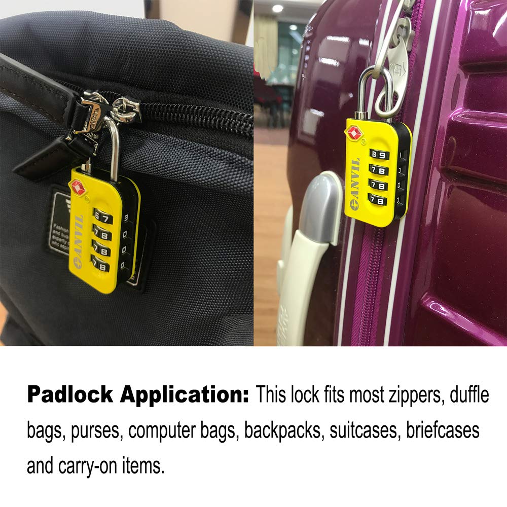 ANVIL TSA Approved Luggage Lock - 4 Digit Combination, 10,000 Combinations, Easy-Read Password Window, Travel Lock for Suitcases, Backpacks, Gym & Student Lockers, Baggage(Yellow 2 Pack)