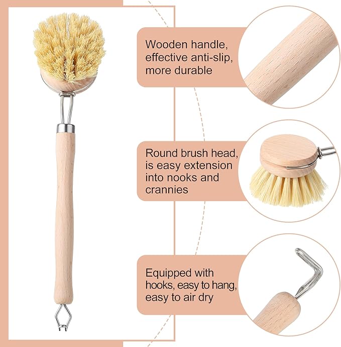 Maxdot 4 Pcs Kitchen Dish Brush with Beechwood Handle Natural Wooden Handle Scrub Brush Fiber Bristles Dish Scrub 2 Inch Replacement Brush Head for Pots Pans Utensils Washing Supplies