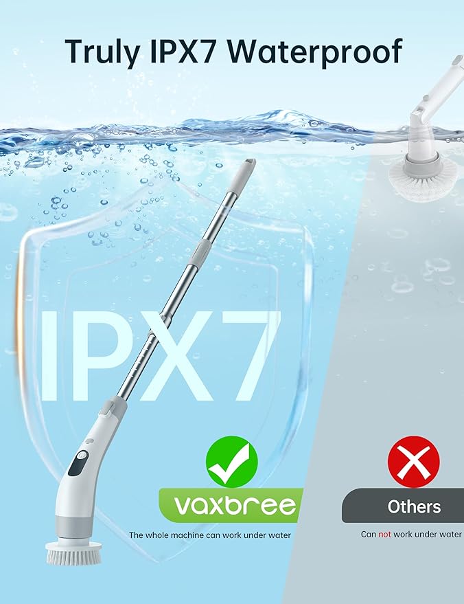 Electric Spin Scrubber with LED Display, IPX7 Waterproof Powerful Shower Scrubber, 2H Runtime, 2 Speeds, Adjustable Handle, 8 Brush Heads, Cleaning Brushes for Household Use Bathtub Tile Car