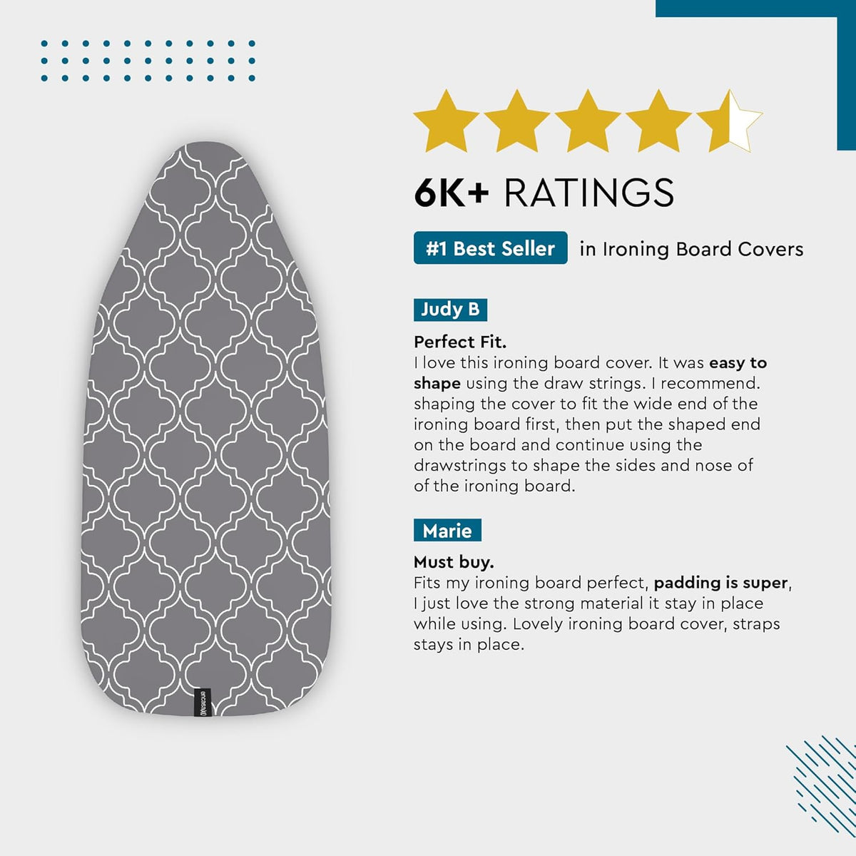 Encasa XO Ironing Board Cover and Pad 42"x14" - Thick 3mm Felt Padding, Drawstring Tightening & Lock, Easy Fit, Scorch & Stain Resistant, Fits Medium Ironing Board - Big Leaves Blue