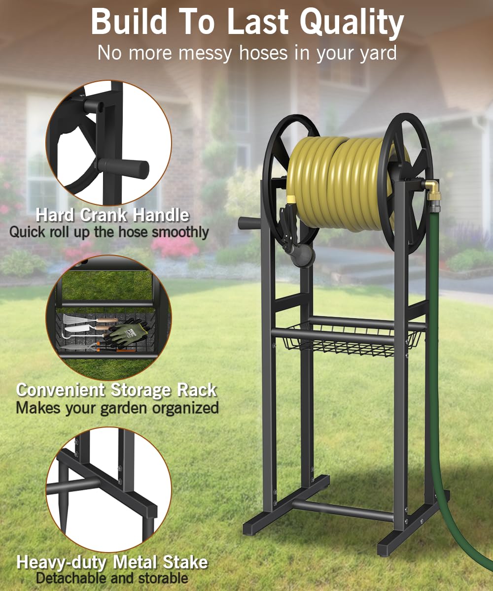 Garbuildman Ground Mount Garden Hose Reel Holds 125 Feet of 5/8-Inch with 3.9 ft Leader Hose, Brass Fitting, Water Hose Holder Stand with Storage Rack & 4 Spikes Base for Outdoor Lawn, Black