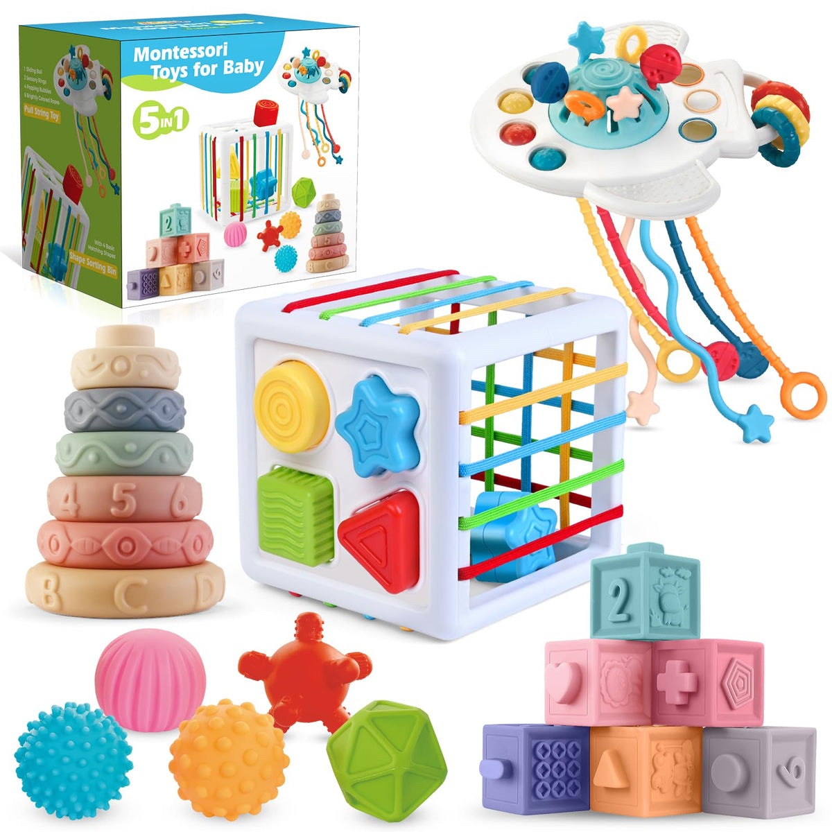 Springflower 5 in 1 Montessori Toys for Babies 0-3-6-12 Months, Soft Baby Teething Toys, Sensory Bin Toy, Stacking Building Blocks & Rings Infants,Developmental Toddler,Gift 12-18 Months