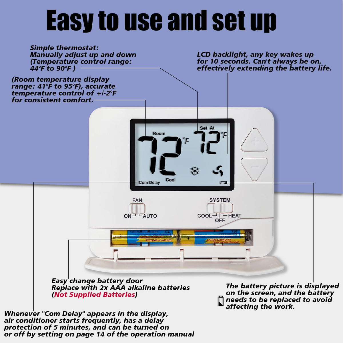 Heagstat Non-Programmable Thermostats for Home Conventional Single-Stage Systems, up to 1 Heat/ 1 Cool (with White Backlight)