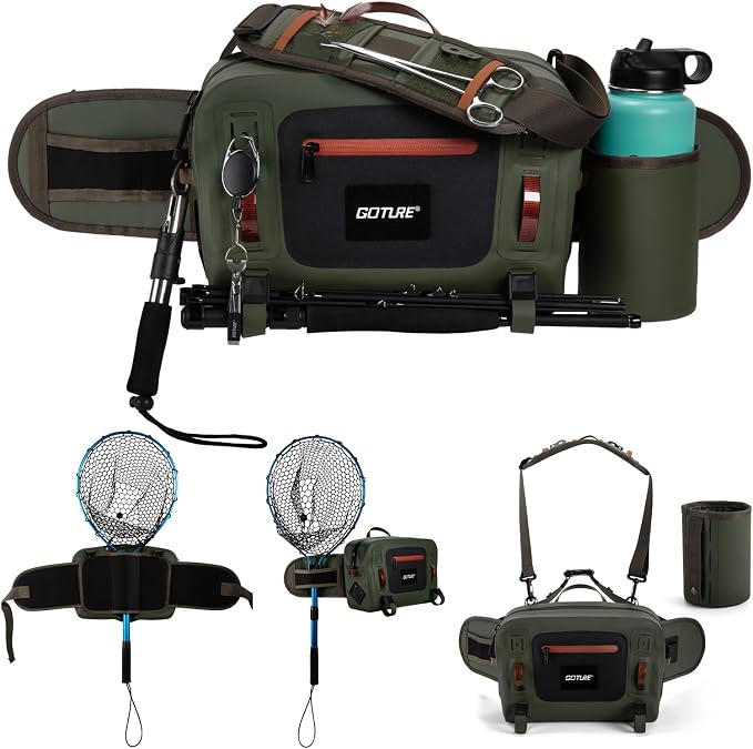 Goture Waterproof Fishing Waist Pack,IPX8 840D TPU Large Tackle Bag with Rod Holder,Airtight Zipper Closure,Detachable Water Bottle Holder, 10L Fly Fishing Bag with Adjustable Strap,Sling Fanny Pack