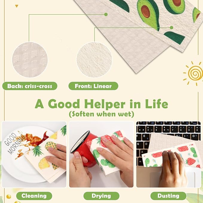 Lucomb Reusable Swedish Kitchen Dish Cloths, 8 Pack Replace Paper Towels Quick Drying Kitchen Sponges Dish Rags for Dishes Washing Home Cleaning Window Glass Wipes (Mixed Fruit)