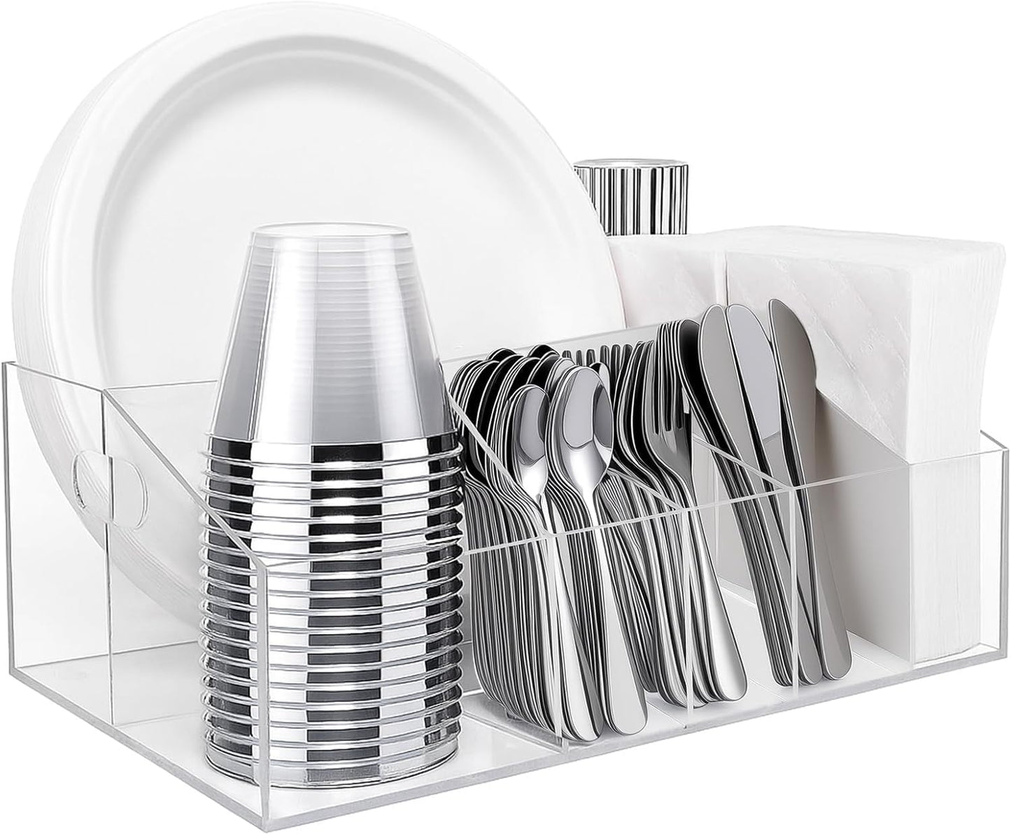 Truxwal Acrylic Paper Plate Organizer and Dispenser – 6 Compartment Plate and Utensil Caddy for Plates, Cups, Napkins and Cutlery, Ideal for Kitchen, Parties, Picnics, Weddings, and Outdoor Events