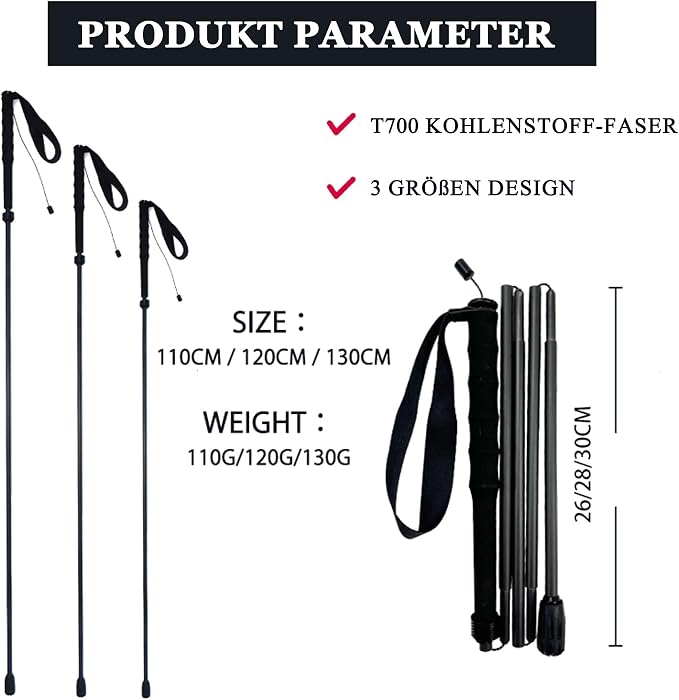 Ultralight Carbon Fibre Trekking Poles - 5-Section Adjustable Hiking Sticks with Anti-Shock Tips, Ergonomic Grips & Storage Bag - Perfect for Hiking, Walking & Backpacking (Set of 2)