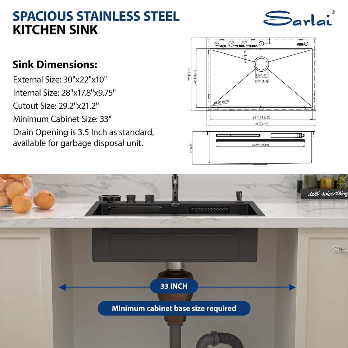 Sarlai Waterfall Kitchen Sink 30 Inch Black Drop In Kitchen Sink Topmount 16 Gauge Stainless Steel 30x22 Inch Single Bowl Multifuction Workstation Top Mount Sinks with Double Knob