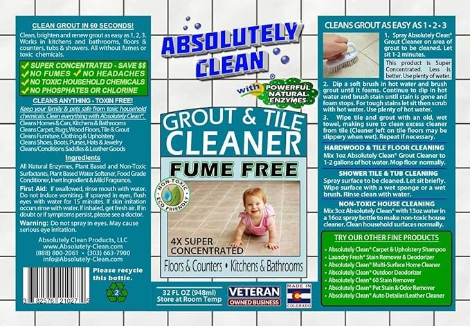 Absolutely Clean FAST GROUT CLEANER! - Professional Strength, Natural Enzyme Formula - Fast Acting, Fume Free - USA Made (128oz Cleans Up To 2,000 sq ft)