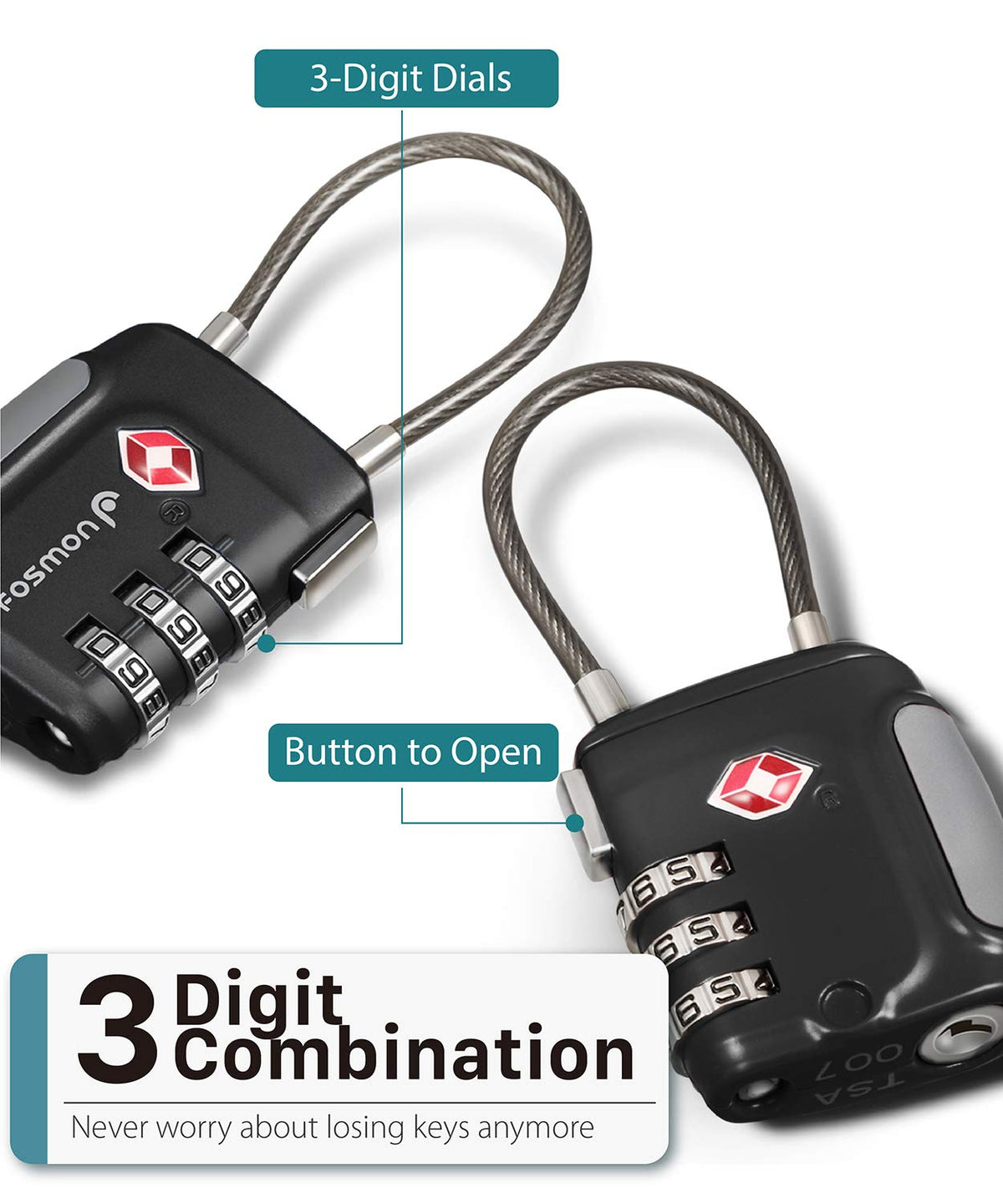 Fosmon TSA Approved Cable Locks for Luggage, Suitcase, Gun Case Lock with Push Release Button, 3 Digit Long Shackle Combination Wire Lock for Backpack